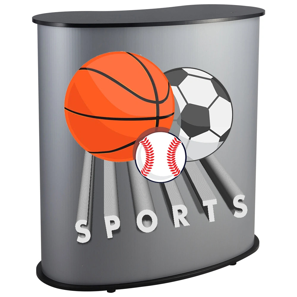 Gray curved table with sports-themed design featuring basketball, soccer ball, and baseball on a white background.