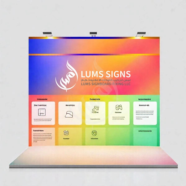 Colorful display board with LUMS SIGNS branding on a gray background