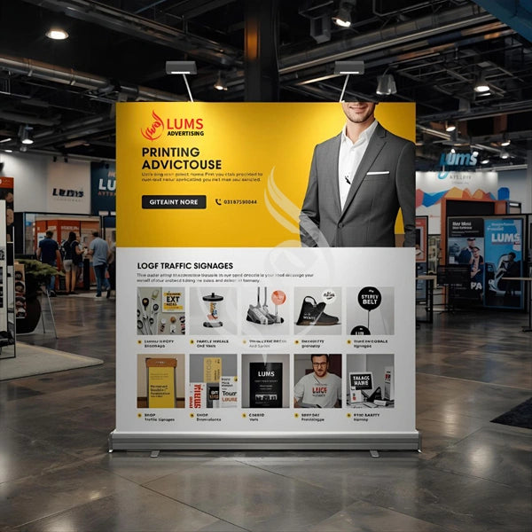 Promotional standee for Lums Advertising with a man in a suit and various product images displayed.