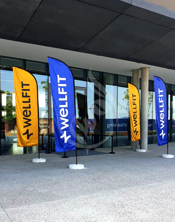Wellfit flags in front of a building entrance