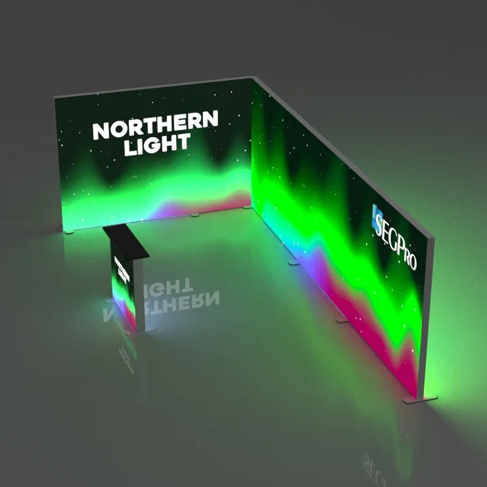 Promotional stand with 'Northern Light' branding and colorful gradient design.