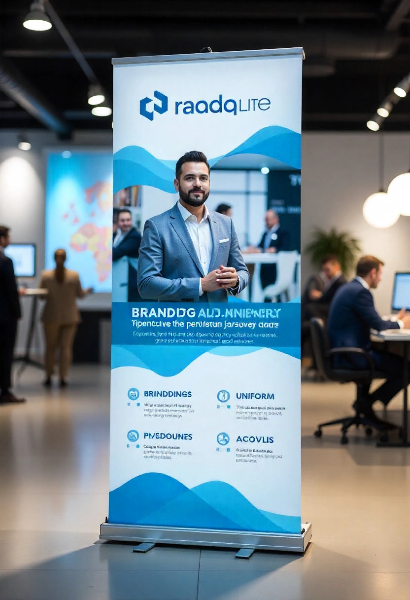 Roll-up banner with a man standing in front of a blurred office setting