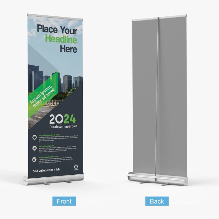 Roll-up banner with customizable text on a white background