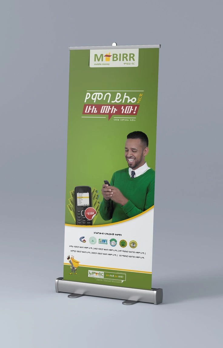 Green promotional banner with a man holding a phone on a gray background