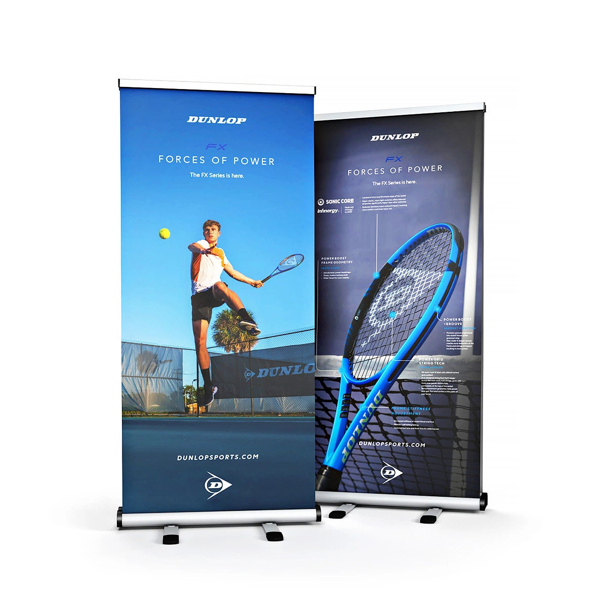 Two Dunlop tennis racket banners with a player and racket illustration on a white background