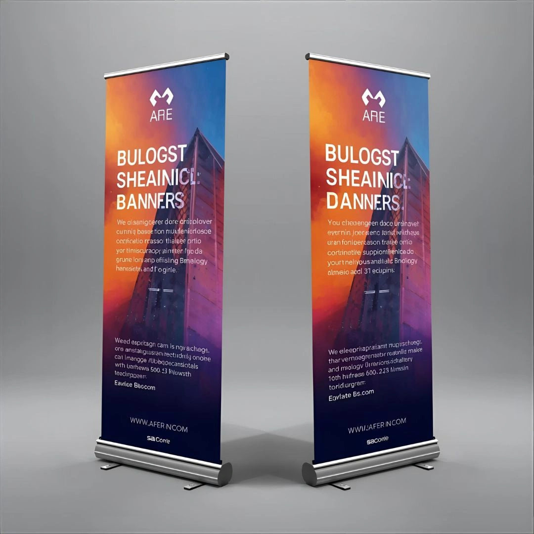 Two AFE branded pull-up banners on a gray background