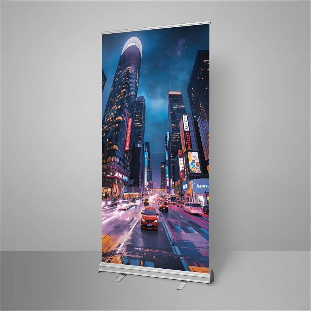 Roll-up banner with a cityscape design on a gray background