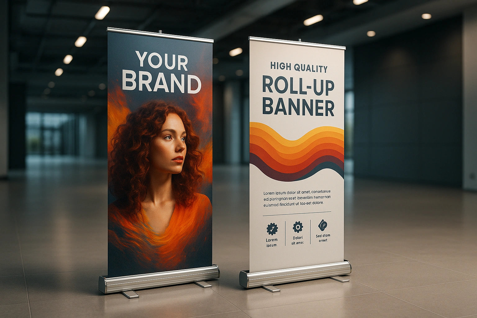 Two roll-up banners with one featuring a woman's face and the other displaying text about high-quality roll-up banners.