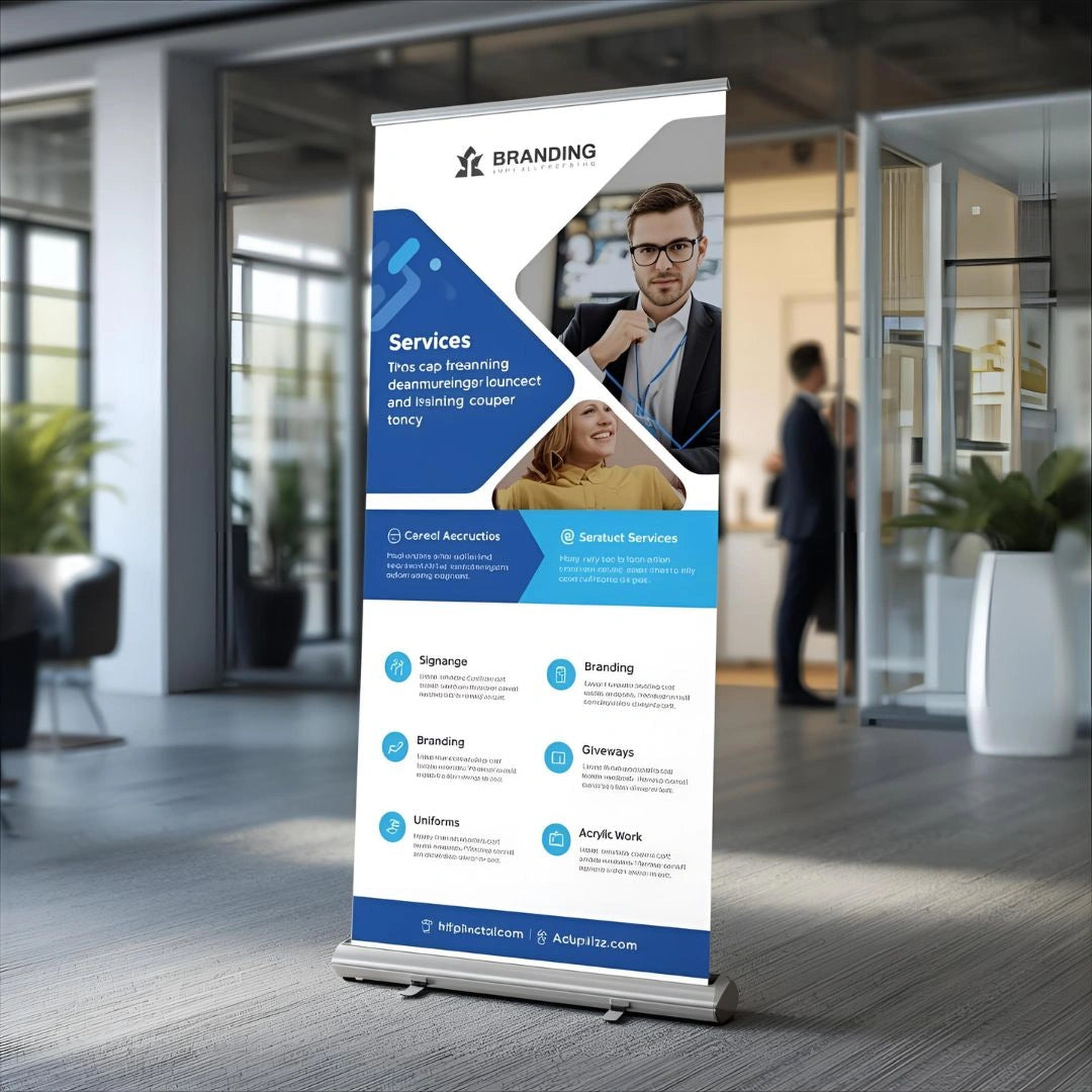 Roll-up banner with branding services in an office setting