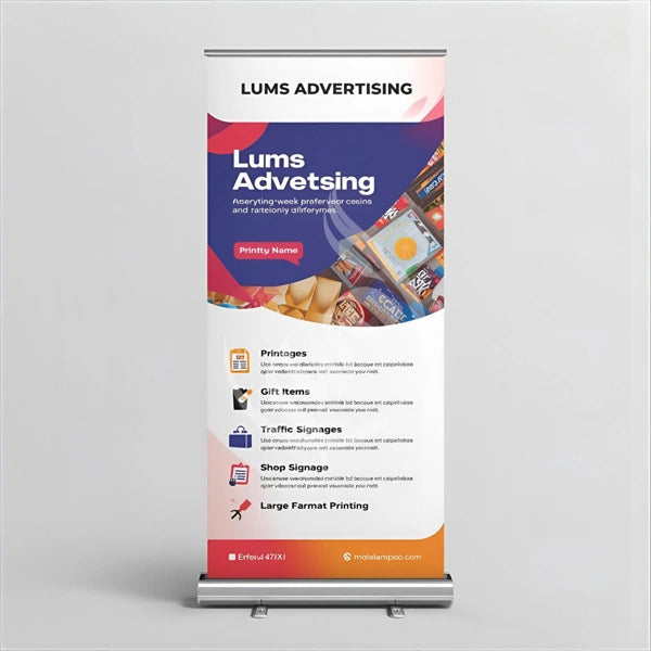 Roll-up banner for Lums Advertising with colorful design and text on a gray background