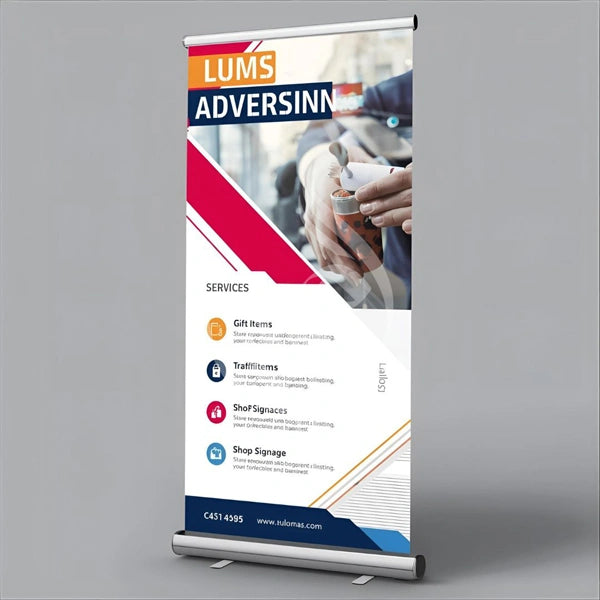 Roll-up banner for LUMS Adversinn with services listed on a gray background