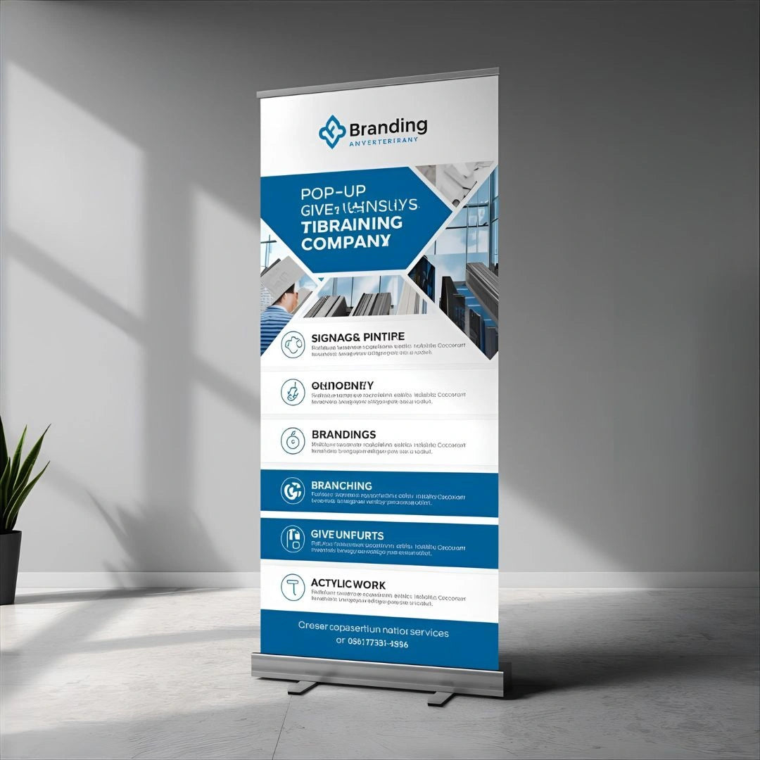 Roll-up banner with branding and training company information on a gray wall.