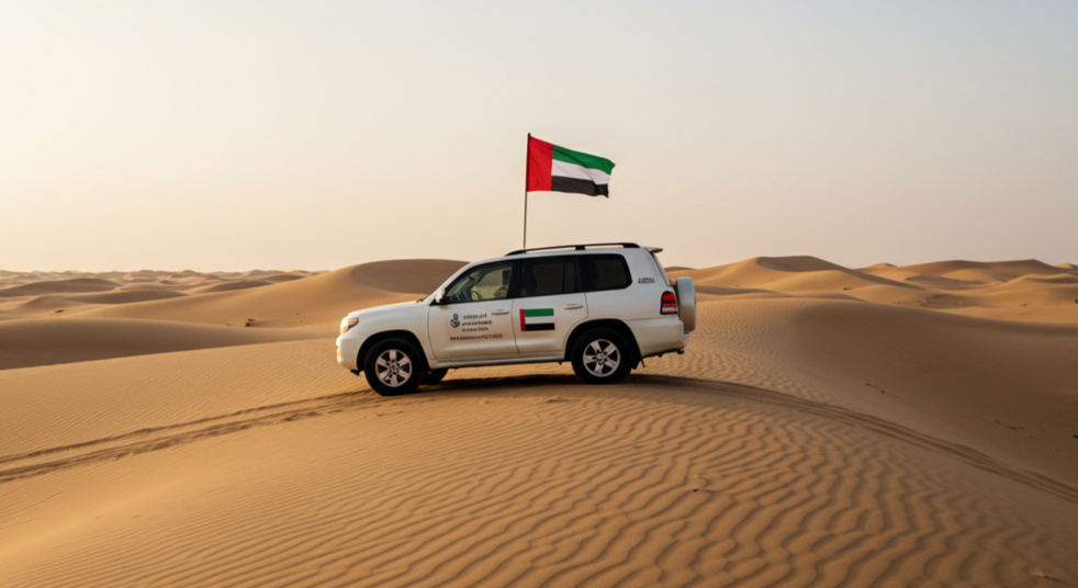 SUV in the desert with an UAE flag on a clear day