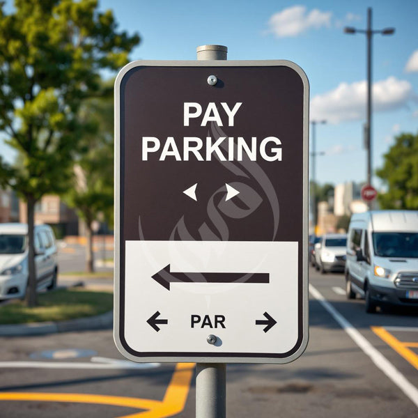 Pay parking sign on a street with cars and trees in the background