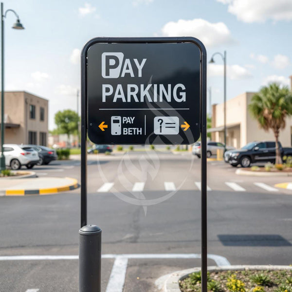 Pay parking sign on a street with cars and buildings in the background