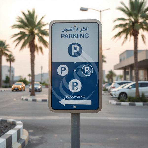Parking sign with palm trees and cars in the background