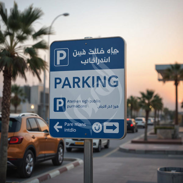 Parking sign with palm trees and cars in the background