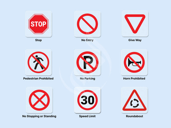 Collection of various traffic signs on a light blue background