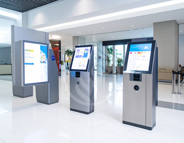 Three digital kiosks in a modern indoor setting with reflective floor and glass walls.
