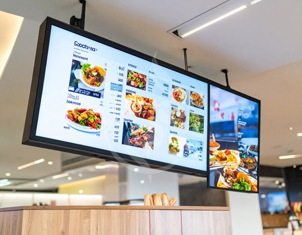 Digital menu board displaying various food items in a restaurant setting