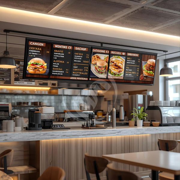 Restaurant interior with digital menu board displaying food images and names.