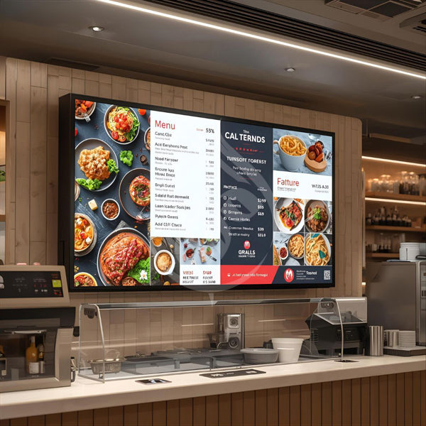 Digital menu board displaying food items and prices in a restaurant setting.