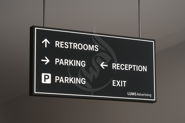 Directional sign with arrows and text on a gray background