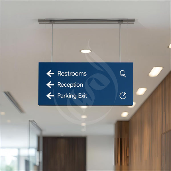 Ceiling-mounted directional sign indicating Restrooms, Reception, and Parking Exit in an indoor setting.