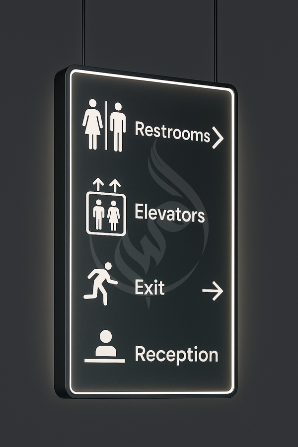 Lighted directional sign with symbols and text on a dark background