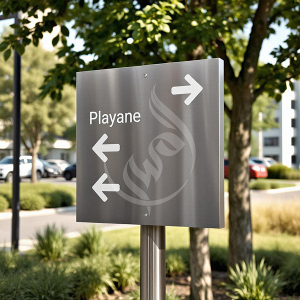 Directional sign with 'Playane' and arrows on a pole in an outdoor setting with trees and buildings.