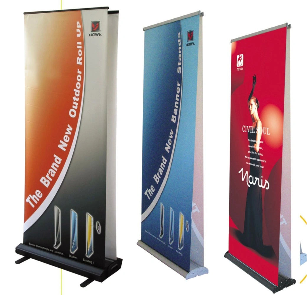 Three vertical banner stands with different designs on a white background