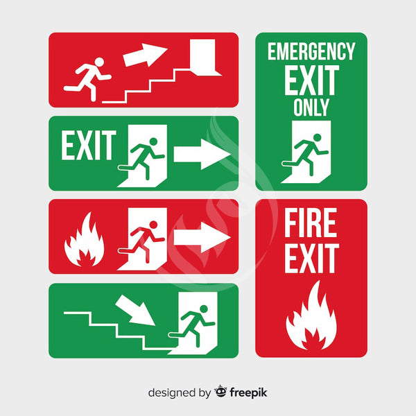 Set of emergency exit and fire exit signs with clear symbols on a light gray background.