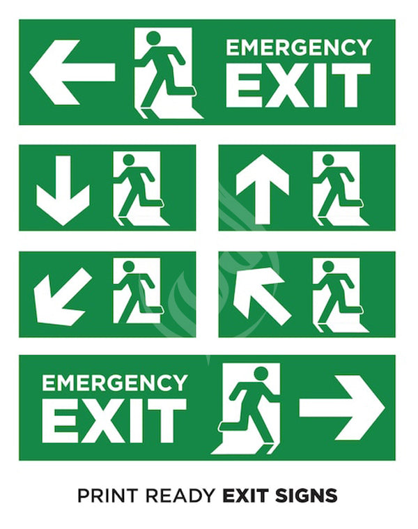 Set of green emergency exit signs with white symbols on a white background
