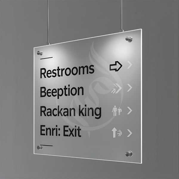 Glass directory sign with text and icons on a gray background