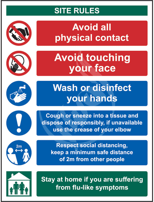 Set of safety signs with instructions on site rules including physical contact, face touching, hand hygiene, and social distancing.