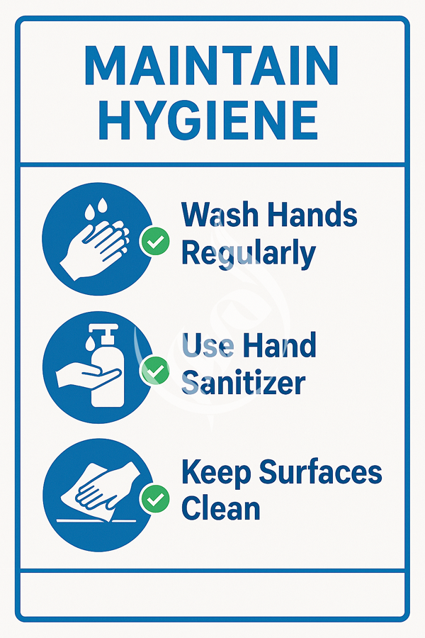 Sign with hygiene instructions including wash hands, use hand sanitizer, and keep surfaces clean.