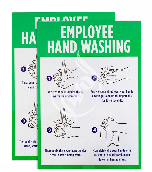 Two posters detailing employee hand washing instructions with green borders.
