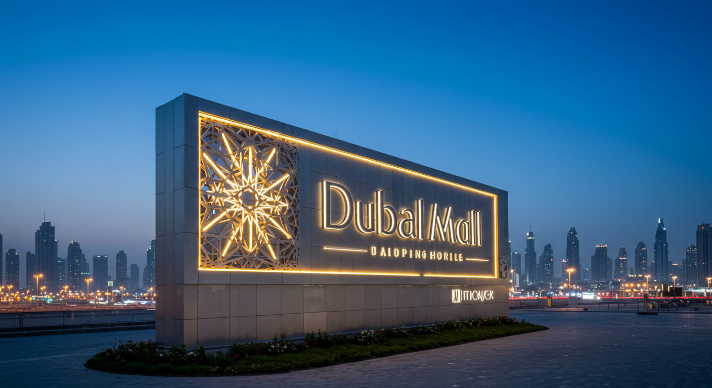 Dubai Mall sign with city skyline in the background at night