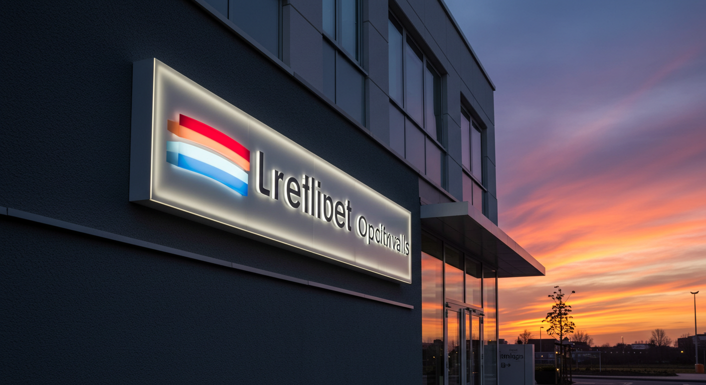 Lrelibel Optik building with colorful logo at sunset