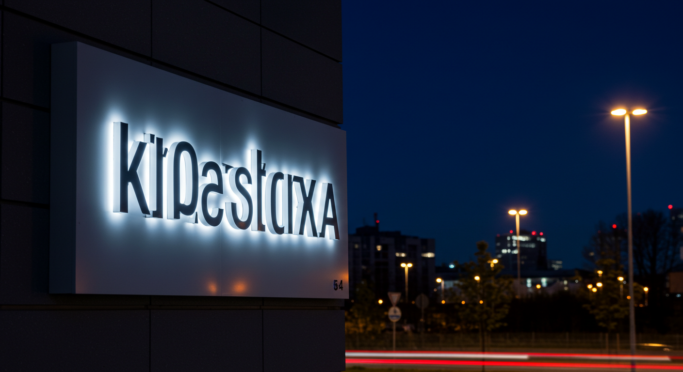 Kiepestarixa sign illuminated at night with a cityscape in the background