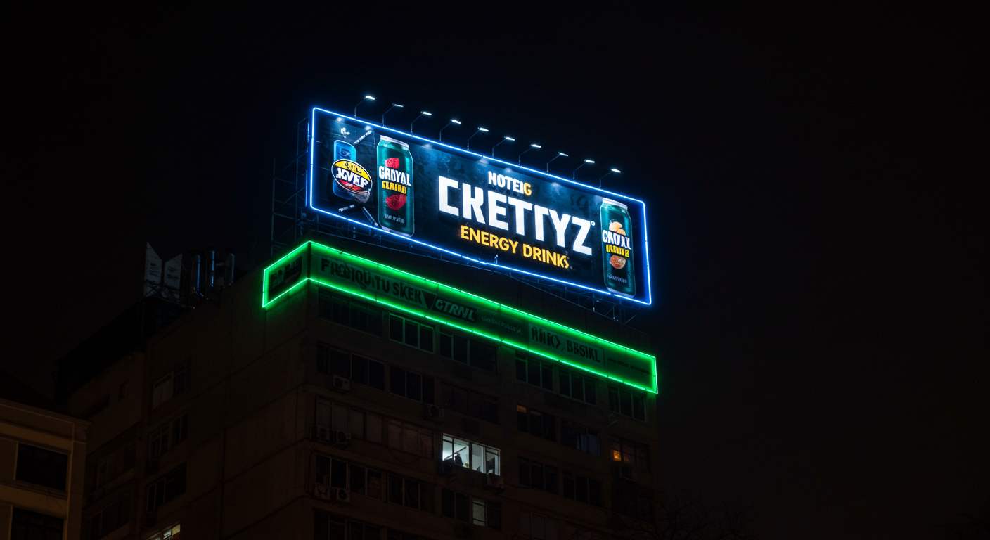 Neon sign for Kettyz energy drinks on a building at night