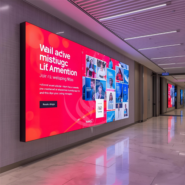 Large digital display screen in a modern indoor setting with promotional text and images.