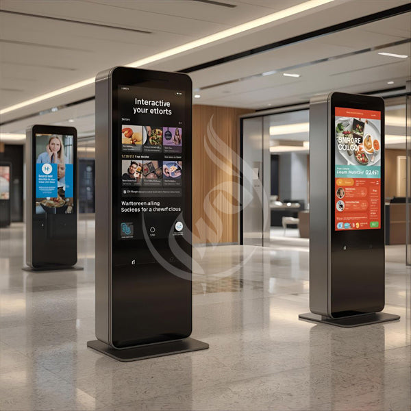 Digital display stands with interactive screens in a modern indoor setting