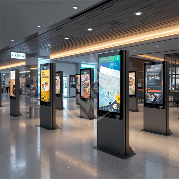 Digital kiosks with screens displaying information in a modern indoor setting
