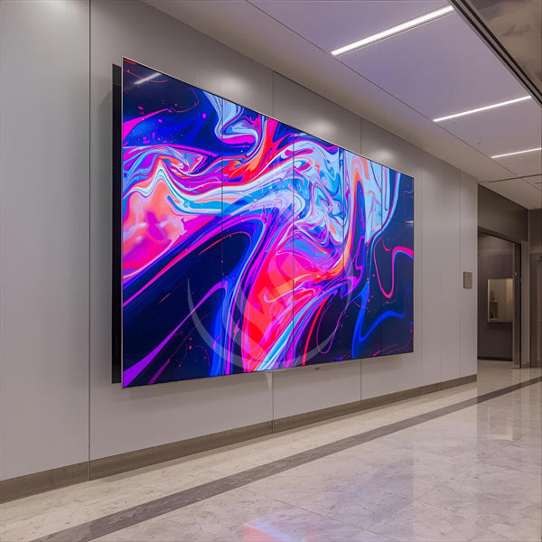 Colorful abstract art installation on a wall in an indoor setting