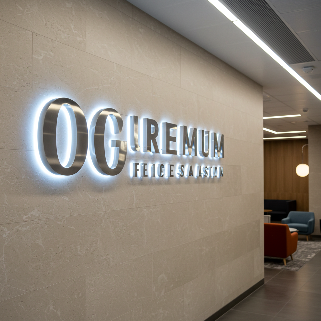 A brand logo on a wall in an office setting