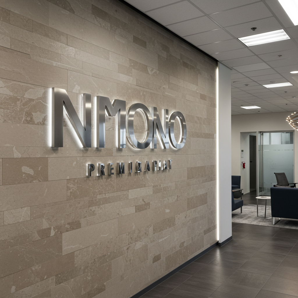 Nmono logo on a wall in an office setting
