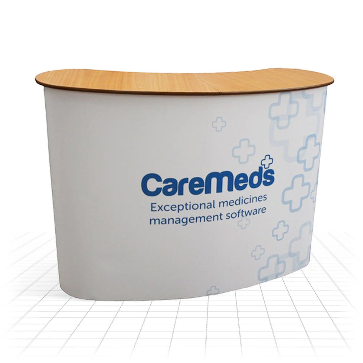 Curved pop up counter with Care meds branding on a white background