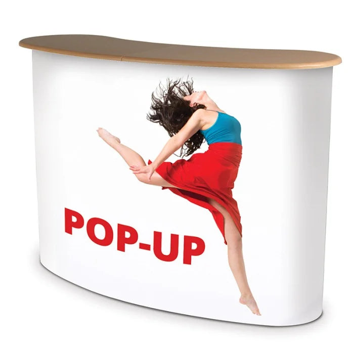 White counter with a woman in a blue top and red skirt jumping, labeled 'POP-UP'.