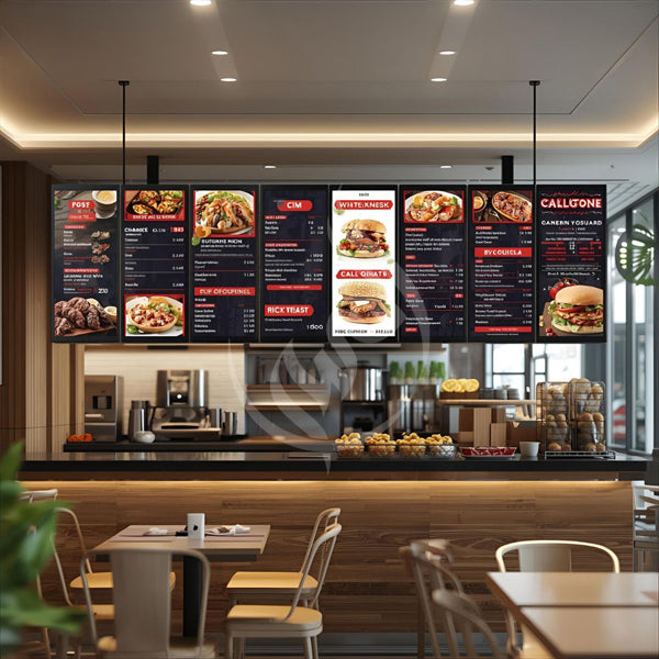 Restaurant interior with digital menu boards displaying food options.